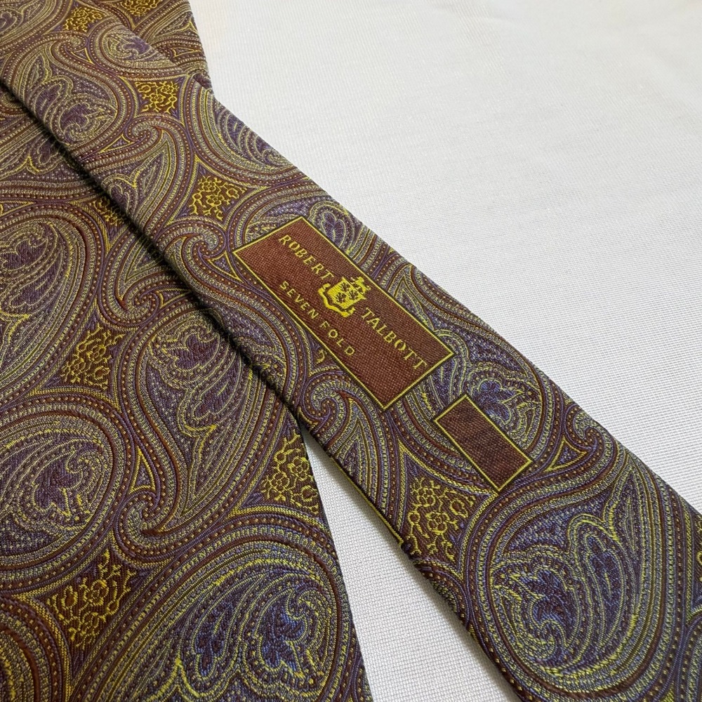 Robert Talbott Seven Fold Tie Mens Paisley Purple Gold Brown Silk Italy Luxury